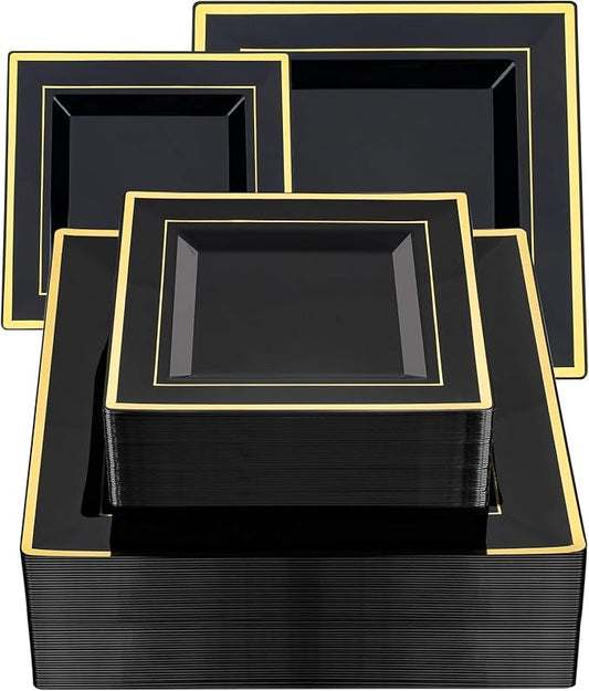 Goodluck 100 Black Pack Square Plastic Plates With Gold Rim, Heavy Duty 50 Dinner Plates 9.5" and 50 Dessert Plates 6.5", Fancy Disposable Plates for Wedding, Holiday Party, Birthday, Halloween
