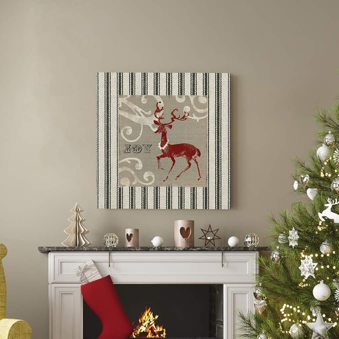 Renditions Gallery Joy Reindeer Wall Art, Cute Christmas & Winter Decor, White & Red with Striped Fabric Look, Premium Gallery Wrapped Canvas, Ready to Hang, 32 in H x 32 in W, Made in America