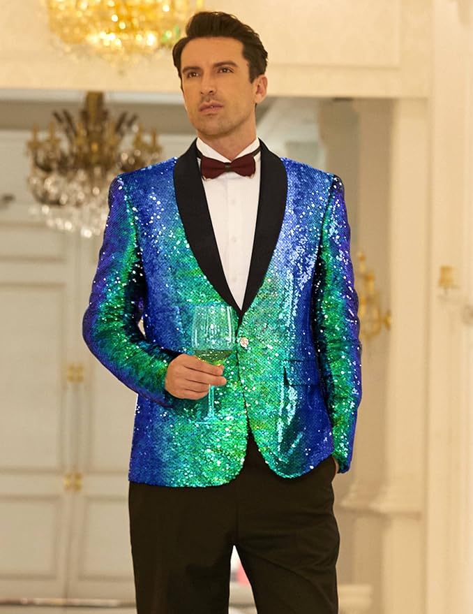 COOFANDY Mens Shiny Sequin Blazer Tuxedo Party Dinner Prom One Button Suit Jacket