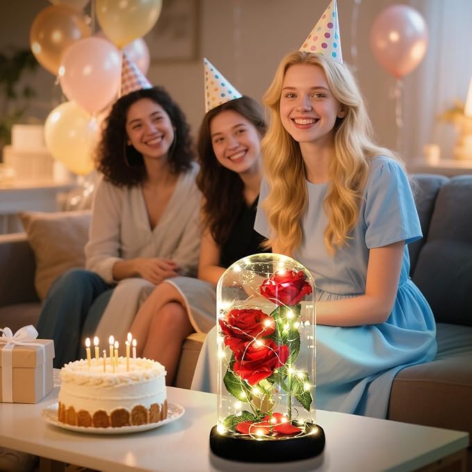 Valentines Day Gifts for Her,Valentines Decor Beauty and The Beast Rose Flowers with 40 LED Lights Rose in Glass Dome,Enchanted Rose Valentines Flowers Birthday Gifts for Women Girlfriend Mom Wife