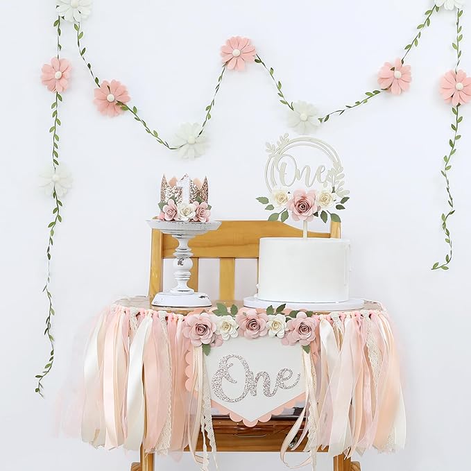 First Birthday Decorations for Girl Light Pink High Chair Banner One Flower Cake Topper Floral Hat Wildflower Garland 1st Birthday Decoration Supplies