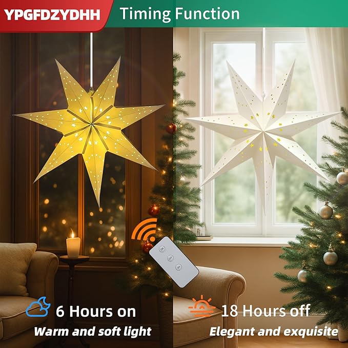 3 Pack 23" Paper Star Lantern with LED Lights, 7-Point Hanging Star Light for Christmas Advent Wedding Birthday–Classic White 3D Paper Lantern with Remote for Indoor Outdoor Decor