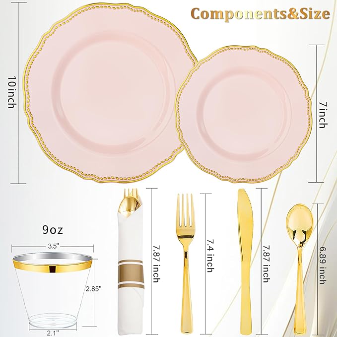 Hioasis 175pcs Pink and Gold Plastic Plates - Pink Plastic Dinnerware Set Includes 25 Dinner Plates, 25 Dessert Dinnerware, 25 Cups, 25 Napkins Perfect for Wedding & Party