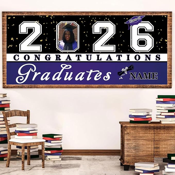 Custom Photo Graduation Garage Door Banner Personalized 2026 Grad Banner 7x16ft Porch Door Sign Decoration Outdoor Photo Booth Backdrop Party Supplies(Purple)