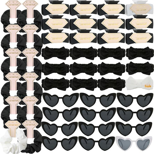 Bridesmaid Scrunchies Proposal Gifts square 4.1inch Bachelorette Hair Claws Clips women heart sunglasses headband gift for Wedding Party Favors (White&Black 48pcs)