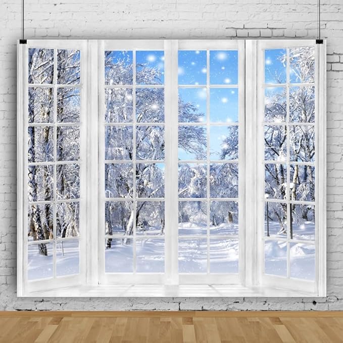 15x8ft Winter Backdrop Christmas Backdrops for Photography Window Snowy Wonderland New Year Background Family Gathering Party Banner Decorations Portrait Photo Booth Props