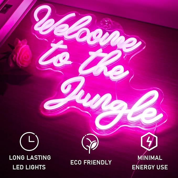 Welcome to the Jungle Neon Sign Pink Led Word Neon Light Signs for Wall Decor Usb Letter Light Up Sign for Bedroom Nursery Kids Room Garden Home Wedding Birthday Party Decorations Gifts