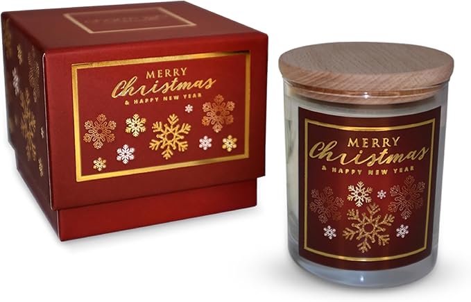 CharmLab Candle – Christmas, 12 oz Glass Jar with Wooden Lid, Wood & Spice Sandal Scent, 40H Burn, Red Snowflake Design, Luxury Gift Box, Elegant Holiday Candle, Christmas Gift & Home Decor