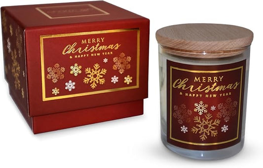 CharmLab Candle – Christmas, 12 oz Glass Jar with Wooden Lid, Wood & Spice Sandal Scent, 40H Burn, Red Snowflake Design, Luxury Gift Box, Elegant Holiday Candle, Christmas Gift & Home Decor