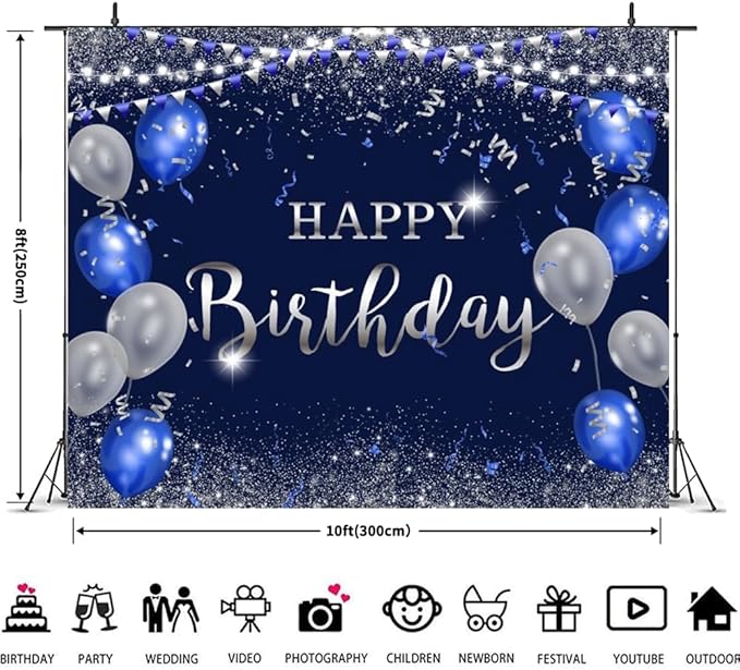 ChloropLastid Navy Blue and Silver Happy Birthday Backdrop 10x8ft for Women Men Girls Boys Birthday Party Decorations Banner Photography Background Happy Birthday Banner Decor Supplies