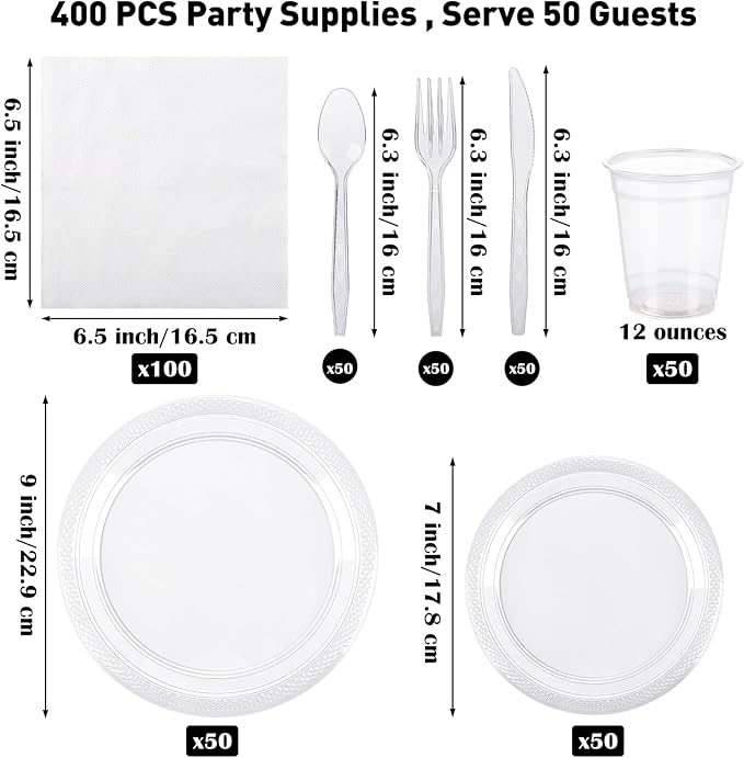Aodaer 400 Pieces Clear Party Supplies Disposable Dinnerware Set Include Plastic Plates Cups Knives Forks Spoons Paper Napkins for Birthday Wedding Graduation Parties, Serve 50 Guests