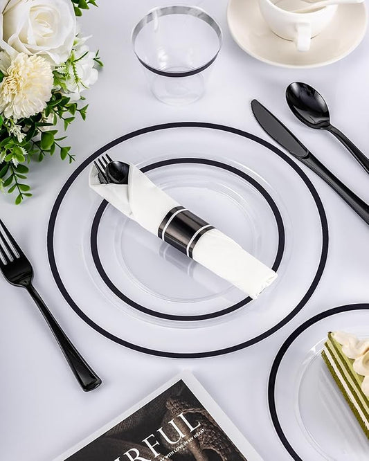 175PCS Plastic Clear Black Plates for Party, Disposable Dinnerware Set for 25 Guests,50 Plastic Plates, 25 Cups, 25 Pre-Rolled Napkins with Cutlery for Party, Christmas, Wedding