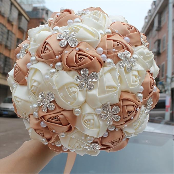 S_SSOY Hand Made Shining Crystal Rhinestones Pearl Silk Rose Bridesmaid Bridal Artificial Bouquets Customization Bride Holding Bouquet Wedding with Corsage Flower, A-018, Champagne+White