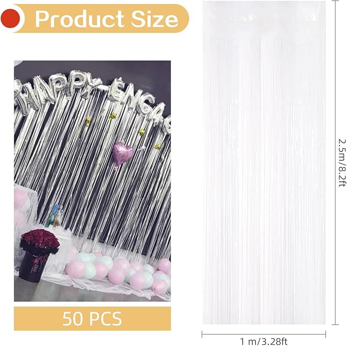 White Foil Fringe Curtains 50 Pack 3.2ft x 8.2ft Fringe Backdrop Curtains Metallic Tinsel Streamer Photo Backdrop for Birthday Party Decorations Halloween Christmas Party Supply (White)