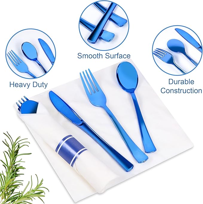 400 PCS Pre Rolled Cutlery Sets, Premium Blue Plastic Flatware Sets Wrapped in Napkin, Disposable Cutlery Set with 100 Forks, 100 Knives, 100 Spoons, 100 Napkins for Upscale Wedding, Party, Dinner