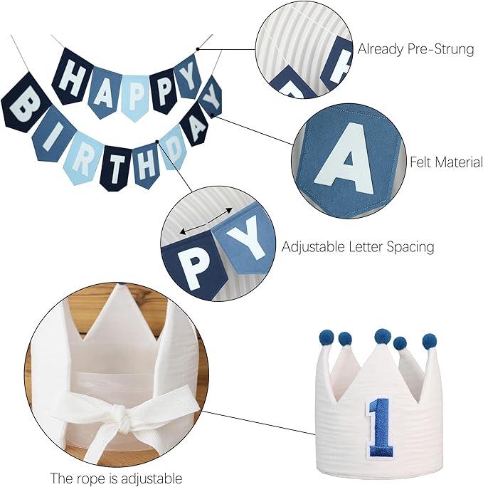 Felt Navy Blue Happy Birthday High Chair Banner Pre-Strung Birthday Hanging Decoration For Baby Boy 1st Birthday Party Decorations