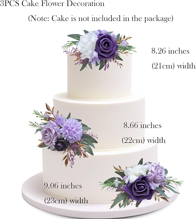 Marriwise 3Pcs Pre-made Cake Toppers Flowers, Dark Purple Wedding Cake Decoration,Artificial Flowers Decor for Wedding Ceremony Anniversary,Birthday Party,Elegant and Dreamy Purple (Dark Purple)