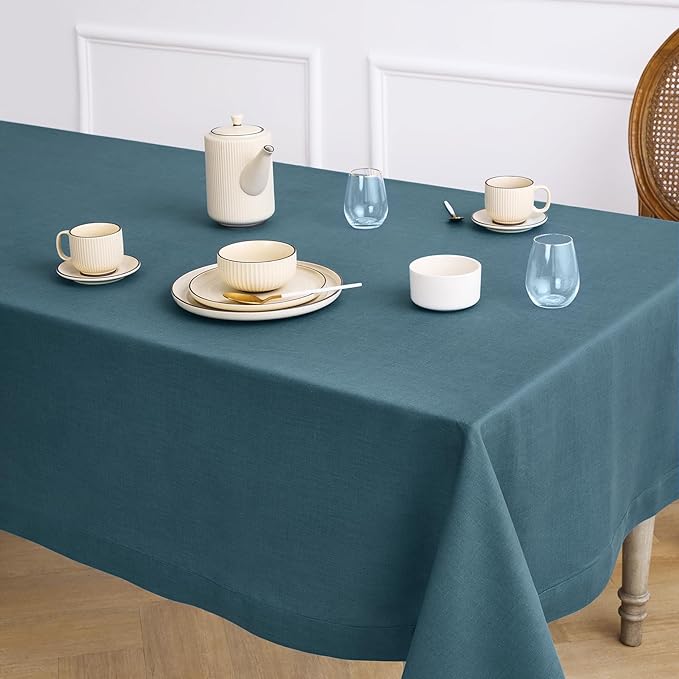 Solino Home Linen Tablecloth for Rectangle Tables 60 x 108 Inch - 100% Pure Linen Peacock Blue Table Cloth - Fete, Machine Washable Cloth Tablecloth for Winter