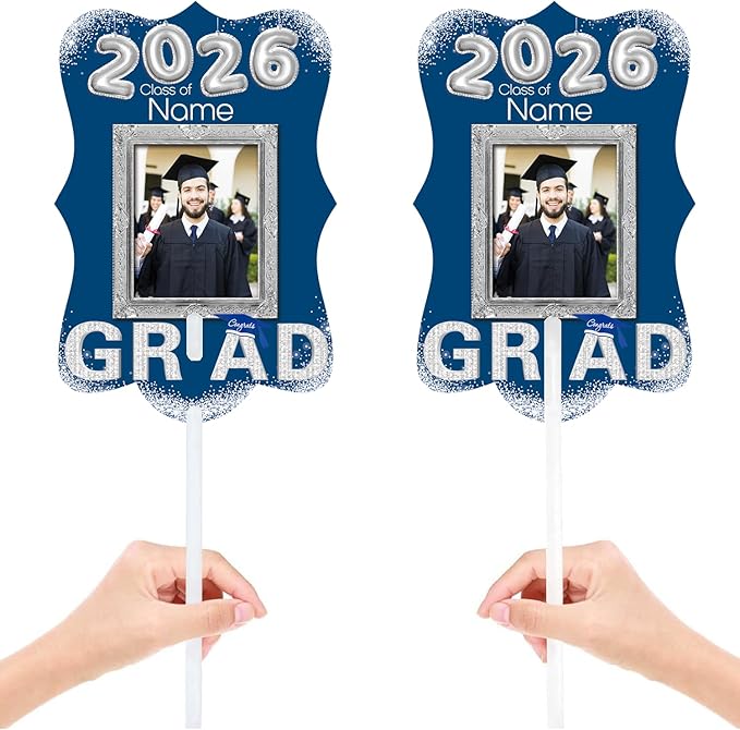 Personalized Graduation Double Sided Face Fan Class of 2026 Customized Graduation Head Face Cutout with Handle Fun Photo Prop Supplies(A-Blue and Silver,24pcs)