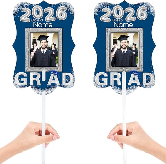 Personalized Graduation Double Sided Face Fan Class of 2026 Customized Graduation Head Face Cutout with Handle Fun Photo Prop Supplies(A-Blue and Silver,24pcs)