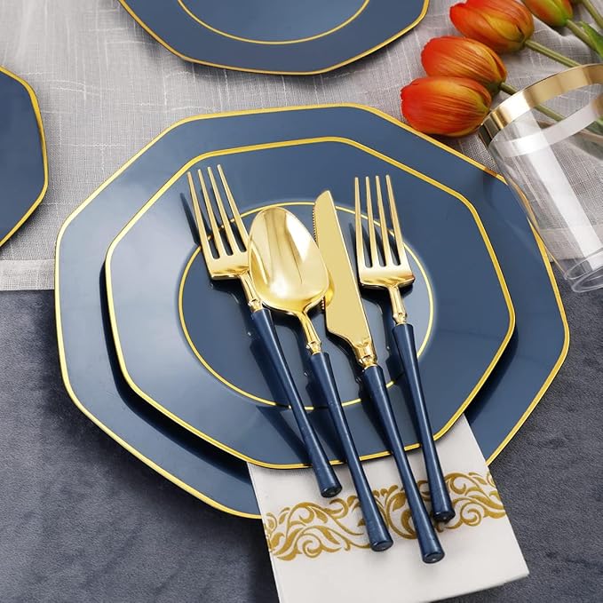 KIRE 140Pcs Blue Plastic Plates with Gold Rim - Gold Disposable Plastic Silverware with Blue Handle&Clear Cups&Hand Napkin - Geometric Party Plates for Hanukkah/Holiday/Party