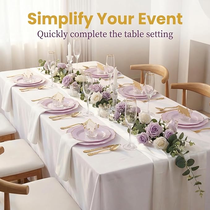 NOCCUR 175PCS Purple Plastic Plates with Gold Disposable Silverware - Include 50 Lavender and Gold Plastic Plates,25 Knives,25 Forks,25 Spoons,25 Cups and 25 Napkins - Ideal for Wedding/Spring Party
