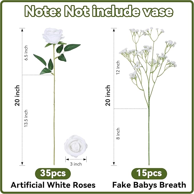 HyeFlora 35 PCS Artificial White Roses with 15 PCS Fake Baby Breath Realistic Fake Flowers Bouquet with Stem for DIY Wedding Party Home Decoration Vase Tables Centerpieces Arrangements Gift for Her