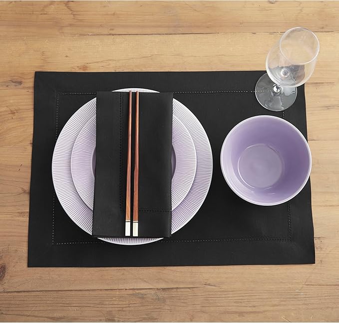 Solino Home Black Placemats Set of 4 - Cotton Linen Hemstitch Placemats 14 x 19 Inch for Winter, Spring, Easter