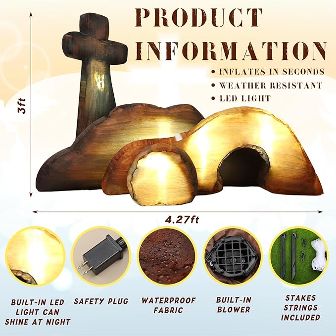 VIHOSE 5 Ft Easter Inflatable Outdoor Decorations Empty Tomb Cross Blow Up Decor Jesus Tomb Inflatables with LED Lights Easter Religious Decorations for Lawn, Indoor, Outdoor, Garden Decor