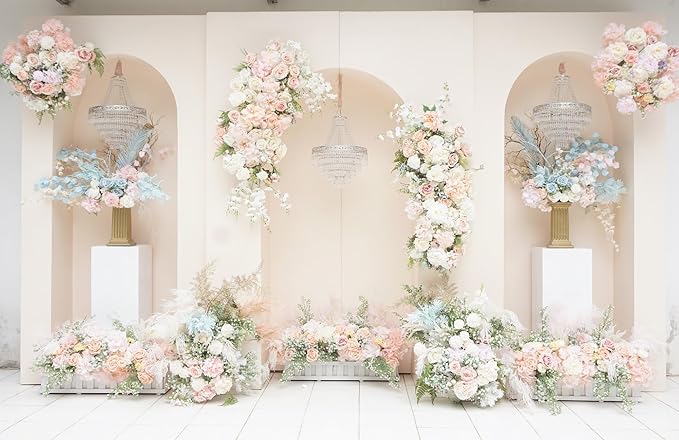 BELECO 10x6.5ft Fabric Wedding Backdrop Romantic Pink White Flowers Decorations with Arch Door Wedding Stage Background Bridal Shower Wedding Party Decorations Banner Photoshoot Props
