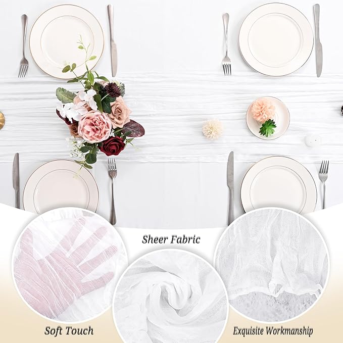 24 Pack White Cheesecloth Table Runner 120 inch Fall Thanksgiving Boho Rustic Gauze Farmhouse 10FT Cheese Cloth Runner for Baby Shower Wedding Party Holiday Home Decor