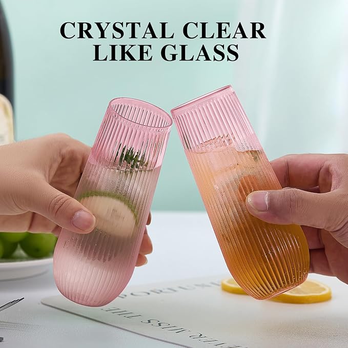 48 Pack Plastic Ribbed Champagne Flutes, 9 Oz Stemless Disposable Pink Clear Plastic Toasting Glasses Shatterproof Recyclable and BPA-Free Perfect For Wedding