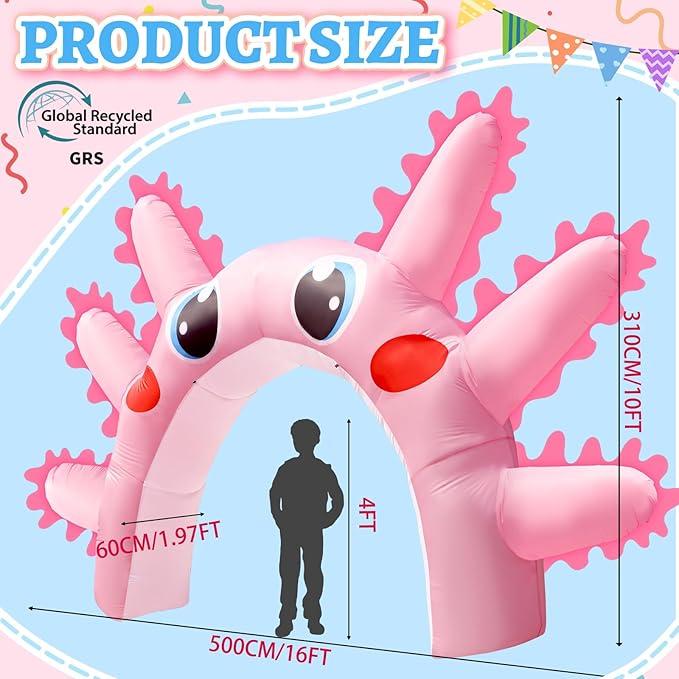 Eyourlife 16 FT Axolotl Inflatable Arch, Giant Pink Axolotl Birthday Party Decoration, Blow-Up Axolotl with 1 Blowers 3 Banners for Summer Beach Pool Party Supplies Animal Protection Activities
