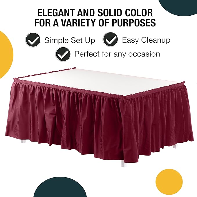 Exquisite Ruffle Table Skirt Burgundy 12 Pack 14 Ft Long Table Skirts for Rectangle Tables 6ft Plus or Round Tables Skirts with Adhesive Strip for Gender Reveal Decor & Happy Birthday Parties