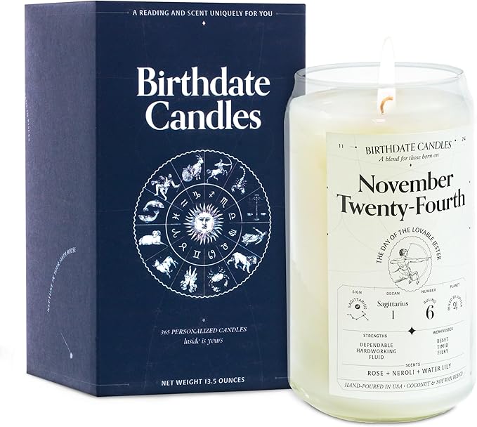 Birthdate Candles, November 24 - Sagittarius Zodiac Scented Candles Birthday Gift - Rose, Neroli & Water Lily Scent - All-Natural Soy & Coconut Wax, 60-80 Hour Burn Time - Made in USA