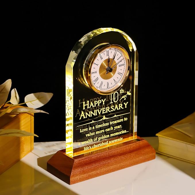 YWHL 10th Wedding Anniversary Clock Gifts for Couples, Happy 10 Years Anniversary Glass Gift for Her Him, Table Clock Presents with Wooden Light Base for Home Party (Battery not Included)