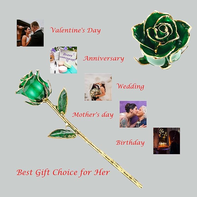 24K Gold Real Rose, Gold Dipped Rose Made from Real Rose Best Gifts for her and Great Gifts for Mom (Green Original Rose with Stand)