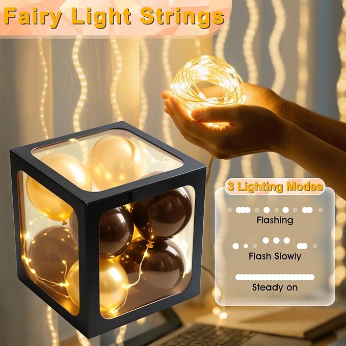 Ledido Transparent Balloon Boxes, Clear Balloon Boxes with 5 Pcs String Lights and 78 Letters for Baby Shower Gender Reveal Grad Birthday Party Anniversary Bridal Wedding Decor - 5 Black Boxes