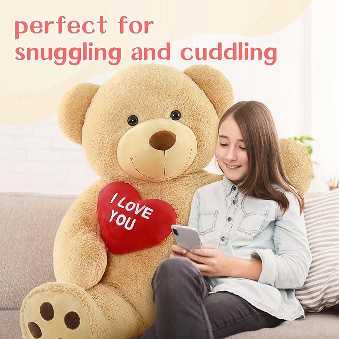 Tezituor Giant Teddy Bear Stuffed Animal 5Ft with Heart, Large Brown I Love You Bear Plush Toys for Kids Gift for Girlfriend