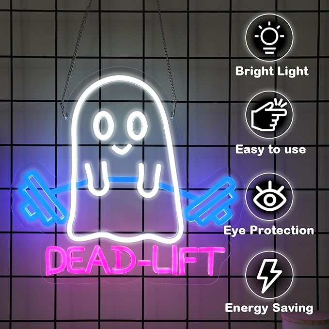 Ghost Dead Lift Neon Sign,Funny GYM Room Wall Sign,Home Gym Wall Decor,Ghost Light,Dumbbell Neon Sign,Funny Weightlifting Gym Neon Led Light, 14"x13"