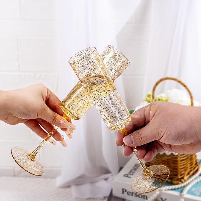YOUBET 24 Pack Plastic Champagne Flutes - 6 Oz Gold Glitter Disposable Champagne Glasses - Square Plastic Wine Cups Wedding Toasting for Party Birthday Anniversary