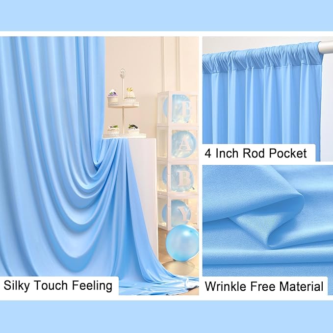 20 ft x 10 ft Wrinkle Free Baby Blue Backdrop Curtains for Parties, 4 Panels 5 ft x 10 ft Polyester Light Blue Photo Backdrop Curtain Drapes for Birthday Wedding Party Baby Shower Photography