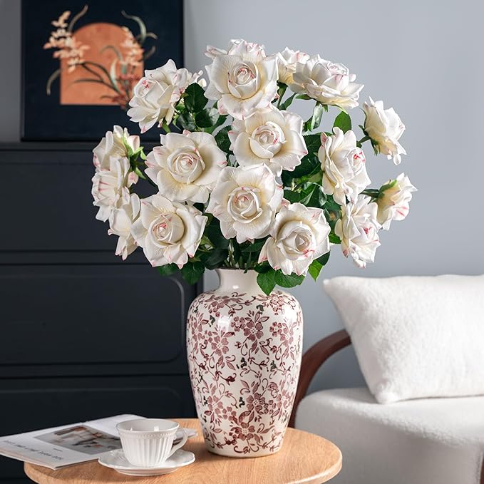 Artificial Flowers Artificial Roses Fake Roses 23.2In Long Stem Artificial Flowers for Tall Vase Silk Rose Suitable for Wedding Decor Valentine's Day DIY Bouquet Spring,Pattern White,20PCS