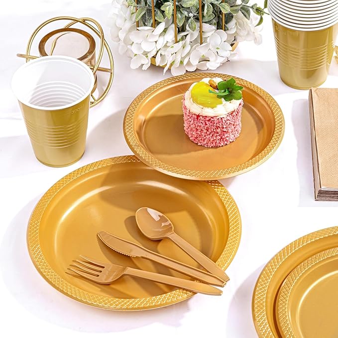 MirthMood 350PCS Gold Plastic Plates,Gold Disposable Plates –Plastic Plates Set Includes 50 Dinner,50 Dessert Plate,50 Cup&50 Napkins, 50 gold Silverware for Wedding& Parties& Birthday