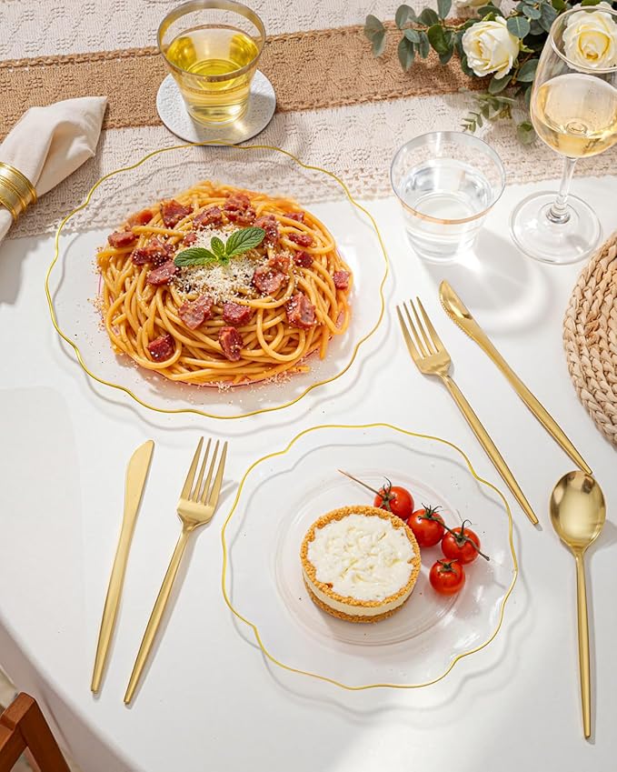 bUCLA 180PCS Clear Plastic Plates with Gold Trim - Clear Gold Plastic Dinnerware Include 30 Dinner & Dessert Plates, 30 Knives, 30 Forks, 30 Spoons and 30 Cups for Party
