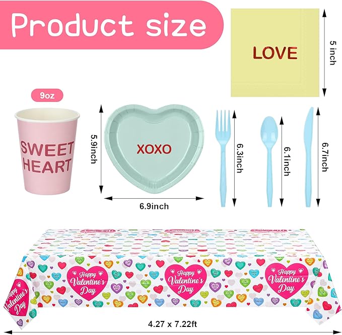342 Pcs Valentine's Party Supplies Conversation Heart Tableware Set Serve 48 Conversation Heart Plates Napkins Cups Forks Knives Spoons Tablecloth Valentines Party Decor Disposable Dinnerware