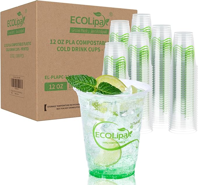 ECOLipak 1000 Count 12 OZ Clear Compostable Plastic Cups, Disposable Plant-Based Biodegradable Drinking Party Cups, PLA Plastic Cold Tumblers for Restaurant, Office, Canteen, Large Gathering