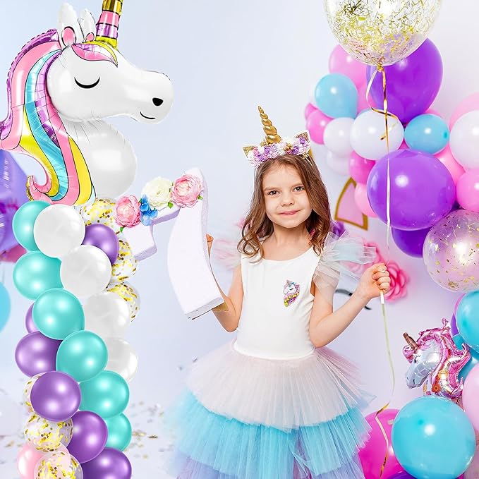 Kasyat 2 Set Party Balloon Column Stand Kit with 2 Balloons 100 Latex Balloons, Adjustable Balloon Stands Party Supplies for Girls Wedding Baby Shower Birthday (Unicorn, White)