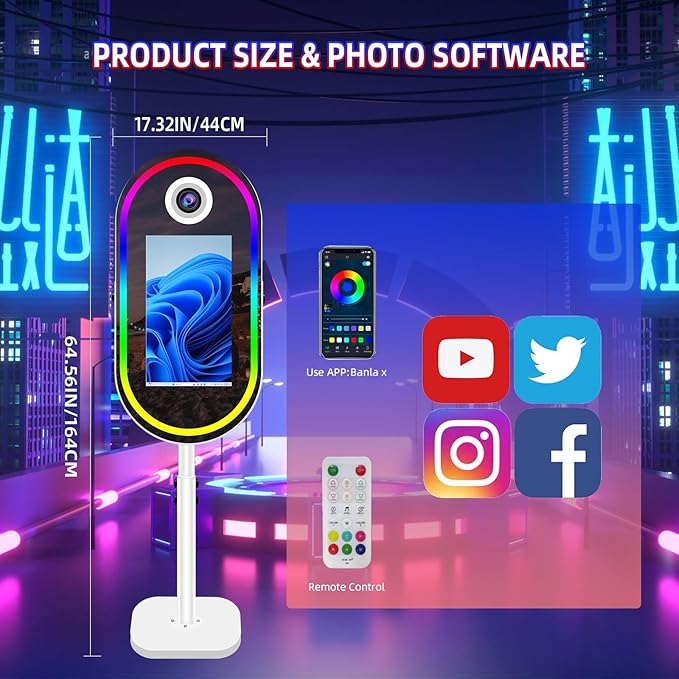 Vanya Oval Mirror Photo Booth Mirror Photo Booth Machine 21.5'' Touch Screen Magic Mirror Photobooth Portable for Party Events Wedding Rental (White, Without Camera Printer)