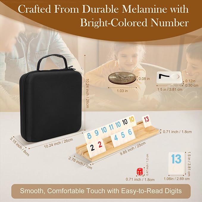 2-8 Players Games Gifts, Rummy Board Game Set, 214 Melamine Tiles, 8 Wooden Racks, Drawstring Bag, Premium Portable Case, Tile Board Games for Adults, Valentines Day Gifts for Men Women Dad Mom